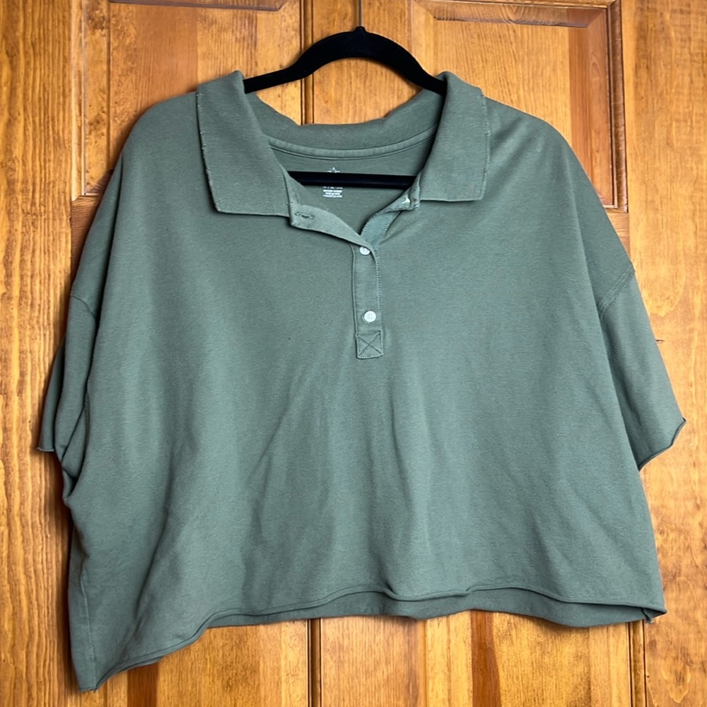 Junior's XL Office By Aerie Crop Polo Green w/ Distressed Edging